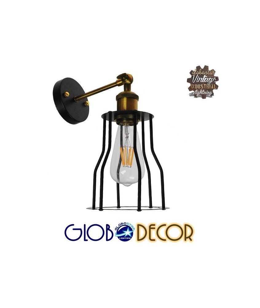 GLOBOSTAR® CATEL 01054 Vintage Φωτιστικό Τοίχου - Απλίκα με Ντουί 1 x E27 AC 220-240V IP20 - Μαύρο & Χρυσό - Μ15 x Π26 x Υ31cm
